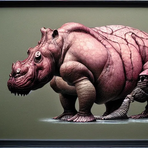 Image similar to a side view of hippopotamus, highly detailed, art by ayami kojima, beksinski, giger