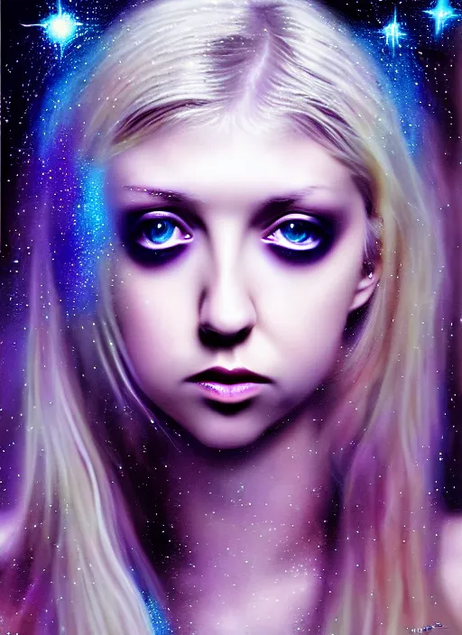 Prompt: elegant teen Taylor Momsen as empress of pulsar stars. ultra detailed painting at 16K resolution and amazingly epic visuals. epically beautiful image. amazing effect, image looks gorgeously crisp as far as it's visual fidelity goes, absolutely outstanding. vivid clarity. ultra. iridescent. mind-breaking. mega-beautiful pencil shadowing. beautiful face. Ultra High Definition. godly shading diffusion. amazingly crisp sharpness. photorealistic 3D rendering on film cel processed twice..