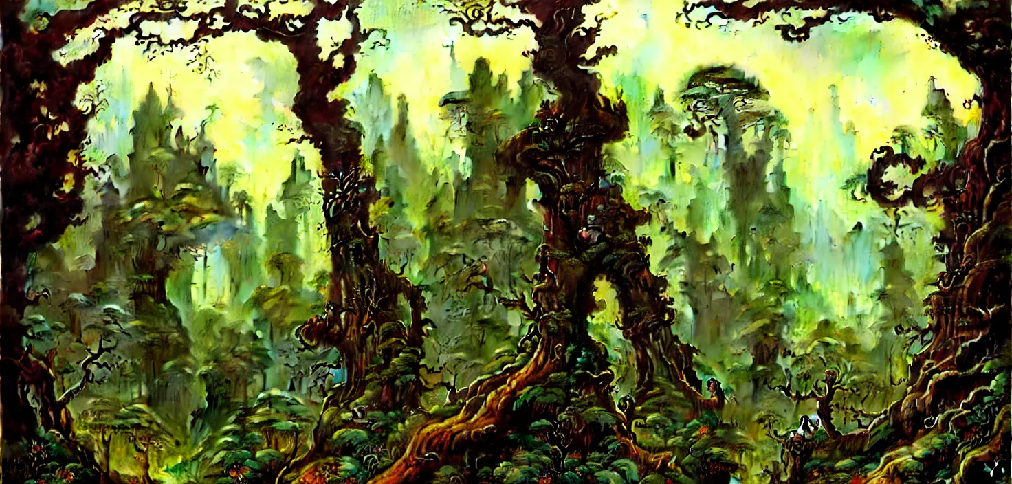 Image similar to exquisite imaginative fantasy landscape lush forests, moody sky, gnarly trees, with steampunk castles movie poster by : : norman rockwell, sargent, james gurney weta studio, trending on artstation james jean frank frazetta