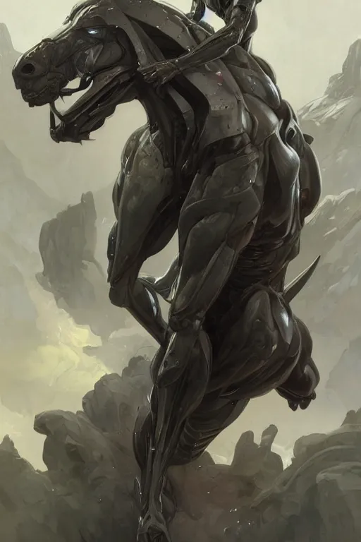 Prompt: a monstrously muscular anthro horse wearing a tight high - tech combat bodysuit, full body, sci - fi, highly detailed, digital painting, artstation, concept art, sharp focus, illustration, art by artgerm and greg rutkowski and alphonse mucha