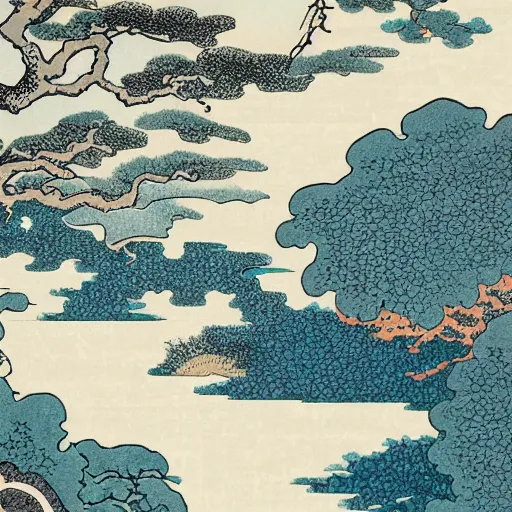 Prompt: illustration of a river lined with trees, terrazzo texture, by hokusai and james jean