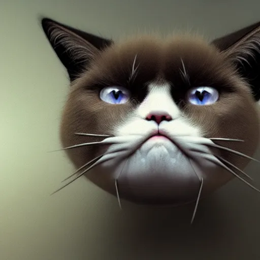 Image similar to cute chthonic fluffy grumpy cat by Ayami Kojima, Beksinski, Giger, vray render, 50mm lens, bottom angle