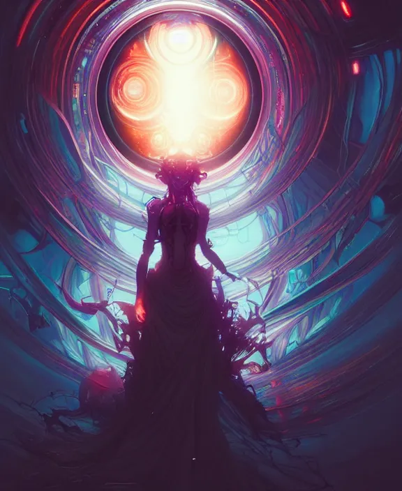 Image similar to a whirlwind of souls rushing inside the metaverse, half body, glowin eyes, android, cyborg, cyberpunk face, by loish, d & d, fantasy, intricate, elegant, highly detailed, colorful, vivid color, digital painting, artstation, concept art, art by artgerm and greg rutkowski and alphonse mucha and ruan jia