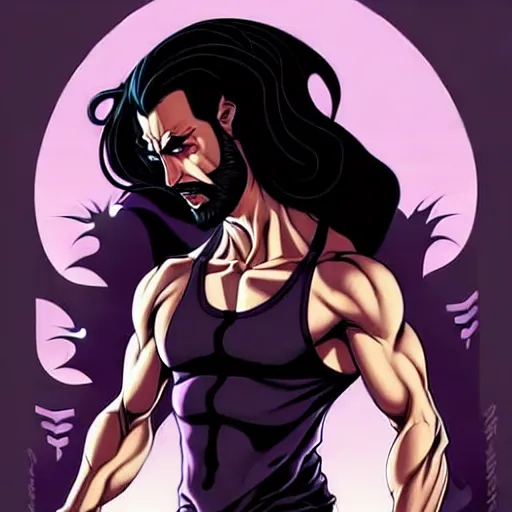 Image similar to a chad with wavy black hair and a beard. muscular. godlike. tank top. using a computer, comic cover art, artgerm, joshua middleton, pretty stella maeve witch doing black magic, serious look, purple dress, symmetrical eyes, symmetrical face, long black hair, full body, twisted evil dark forest in the background, cool colors