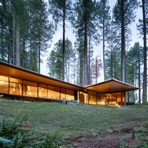 Image similar to a modern house in the woods, surrounded by pine trees. the house is the shape of a mobius strip with large picture windows.