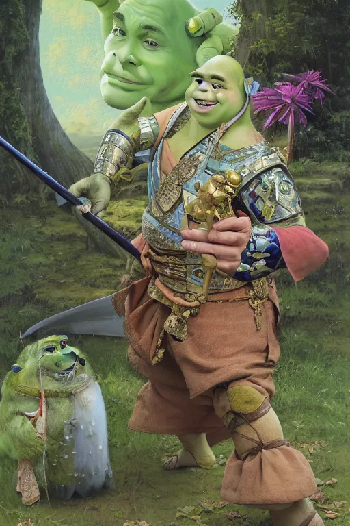 Prompt: shrek as a samurai, looking at the viewer, in the style of Lilia Alvarado, Sophie Anderson, Mark Arian, Bob Byerley, Charlie Bowater, Mark Brooks, Steve Henderson, Justin Gerard, Arthur Hughes, Edward Robert Hughes, Mark Keathley, Victor Nizovtsev, Carlos Shwabe, Ross Tran, WLOP