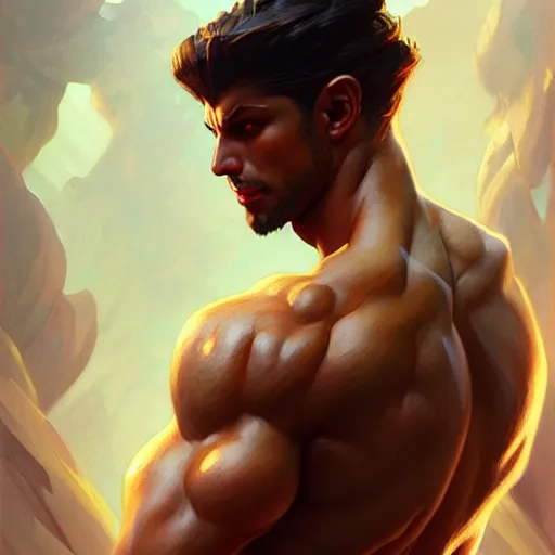 Image similar to male fighter, muscular upper body, D&D, fantasy, intricate, elegant, highly detailed, digital painting, artstation, concept art, smooth, sharp focus, illustration, art by artgerm and greg rutkowski and alphonse mucha