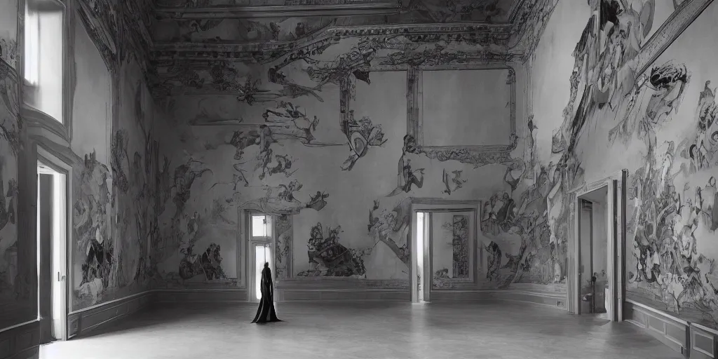 Image similar to Batman standing in giant Italian modern castle living room, clean minimalist design, that is 1300 feet tall, with very tall giant walls filled with modern art paintings, doors that are cosmic portals, photo by Annie Leibovitz