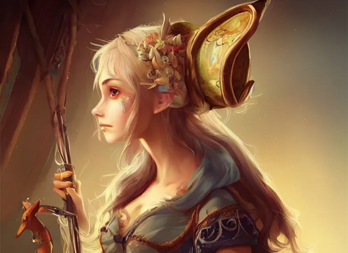 Image similar to a female bard with fox ears standing in a fantasy inn, d & d, official art, by charlie bowater, realistic expressive oil painting, cgsociety, anime style, masterpiece, trending on artstation, attractive and detailed face.