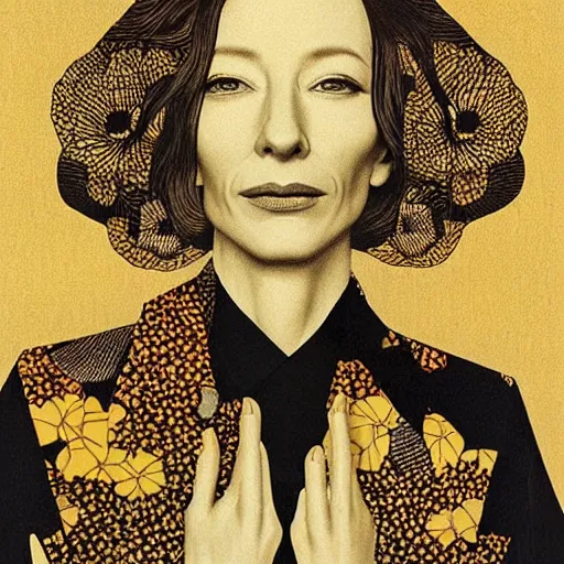 Image similar to “ cate blanchett portrait by ikenaga yasunari and ayana otake and ko rakusui, 6 0 s poster, drawing, realistic, sharp focus, japanese, dreamy, nostalgia, faded, golden hues, floral clothes, porcelain skin ”