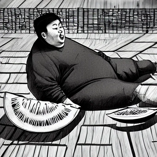 Image similar to a chinese fat guy lay on the ground with blood in a melon stall,digital art