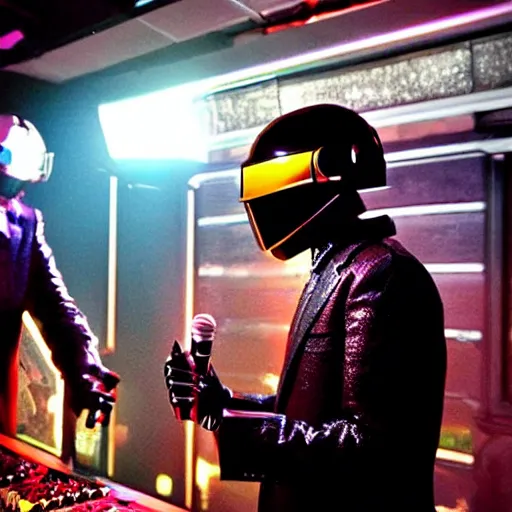 Image similar to daft punk singing singing karaoke in a rundown cyberpunk bar