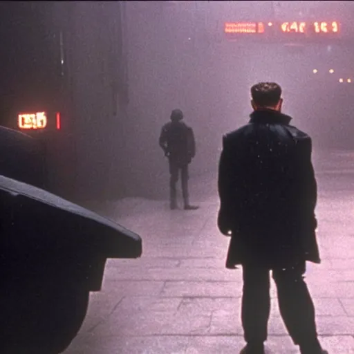 Image similar to film still blade runner with officer deckard played by Donald trump