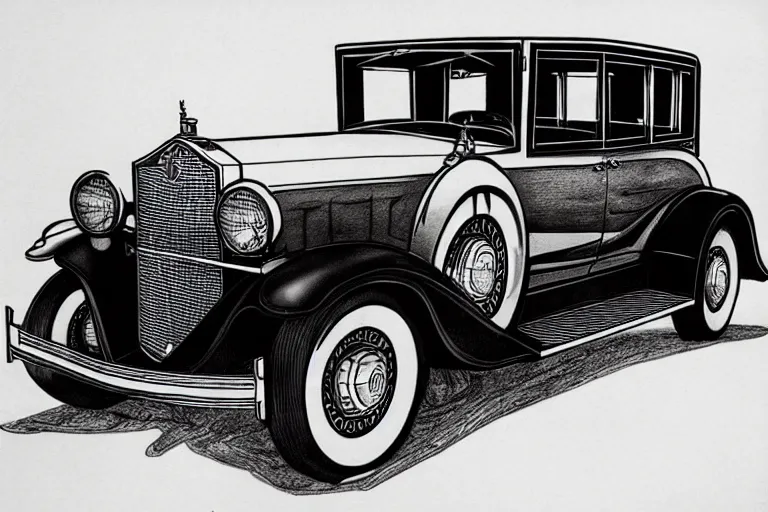 Prompt: ink drawing of a 1 9 3 0 cadillac