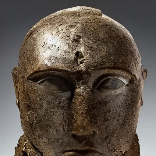 Prompt: an extremely ancient ironman bust that is tarnished and covered in sediment from uncovered earth expedition, rare photograph, smithsonian,