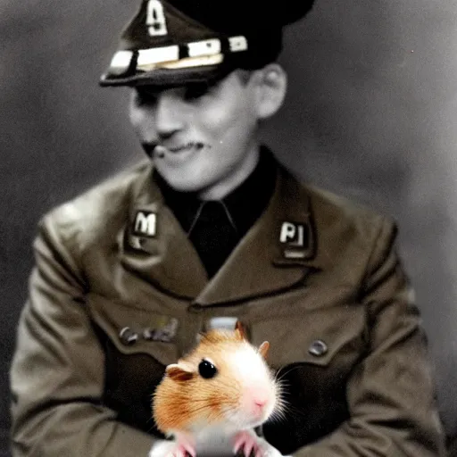 Prompt: a hamster wearing an american military clothes in fighting in ww 2