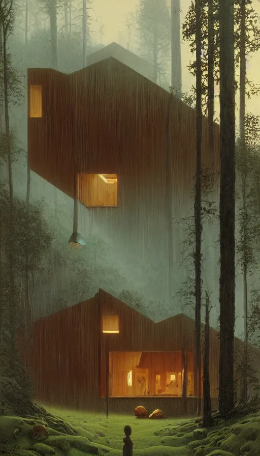 Image similar to cozy ultra modern home in the woods moody lighting, highly detailed, painting by zdzisław beksinski and norman rockwell and greg rutkowskiweta studio, and lucasfilm