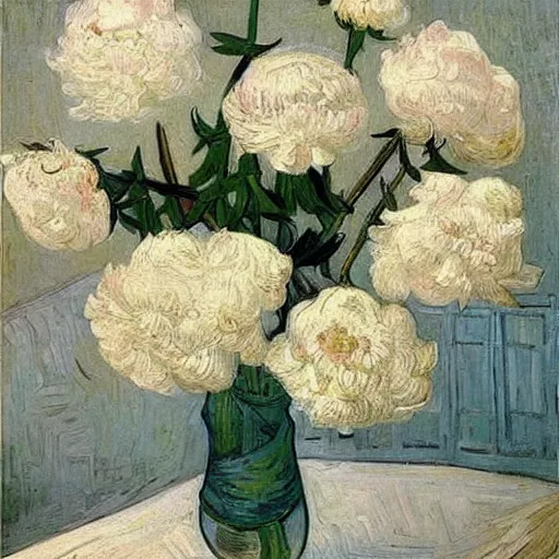 Prompt: atmospheric beautiful bouquet of white delicate peonies in the sunny room of his beloved wife, wang gogh wrote