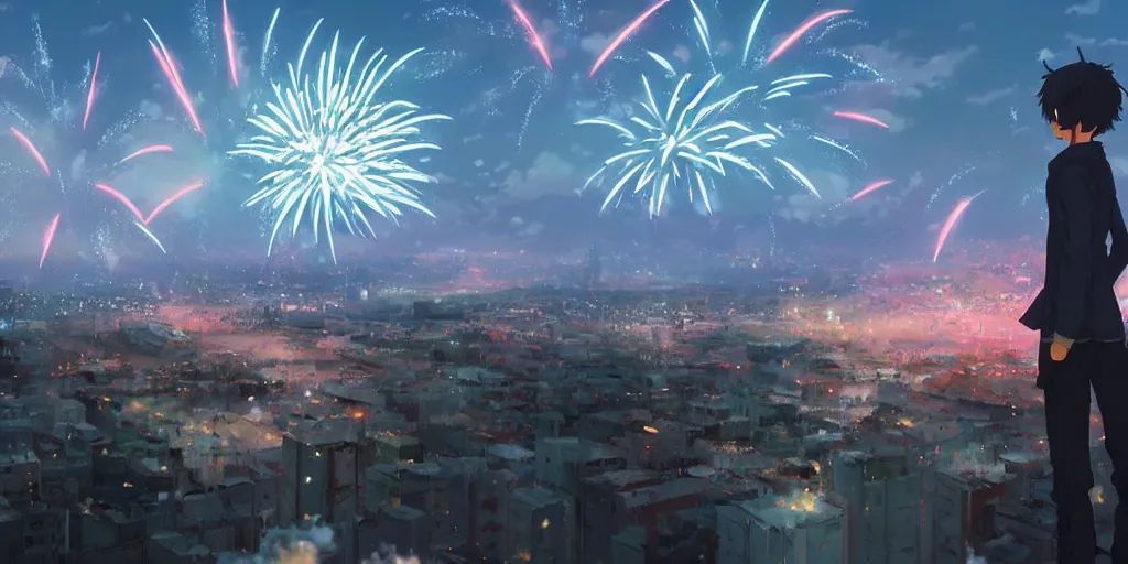 Prompt: realistic building, fireworks, wide landscape, eva, war, lonely, art by makoto shinkai