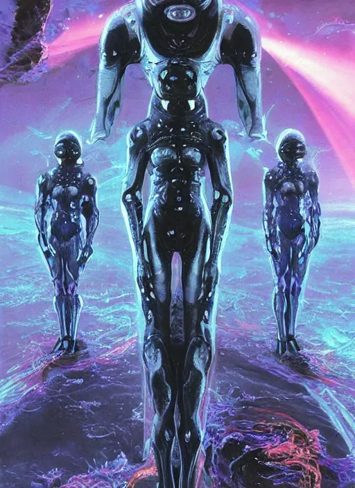 Image similar to astronauts divers in dark void underwater - complex and hyperdetailed technical suit design. reflection and dispersion materials. rays and dispersion of light. volumetric light. f / 3 2. noise film photo. flash photography. ultra realistic, 5 0 mm. poster by wayne barlowe, hajime sorayama aaron horkey, craig mullins