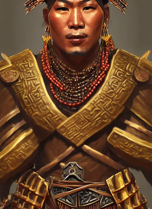 Image similar to tai warlord, closeup portrait, historical, ethnic group, traditional costume, bronze thai 👑, leather shoulder armor, fantasy, intricate, with dong son bronze artifacts, beads cross onbare chest, elegant, loin cloth, highly detailed, oill painting, artstation, concept art, matte, sharp focus, illustration, hearthstone, art by earl norem