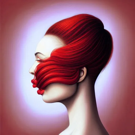Prompt: a painting of a woman with red hair, an ultrafine detailed painting by rafal olbinski, behance contest winner, pop surrealism, detailed painting, very detailed, minimalist, skeuomorphic, airbrush art