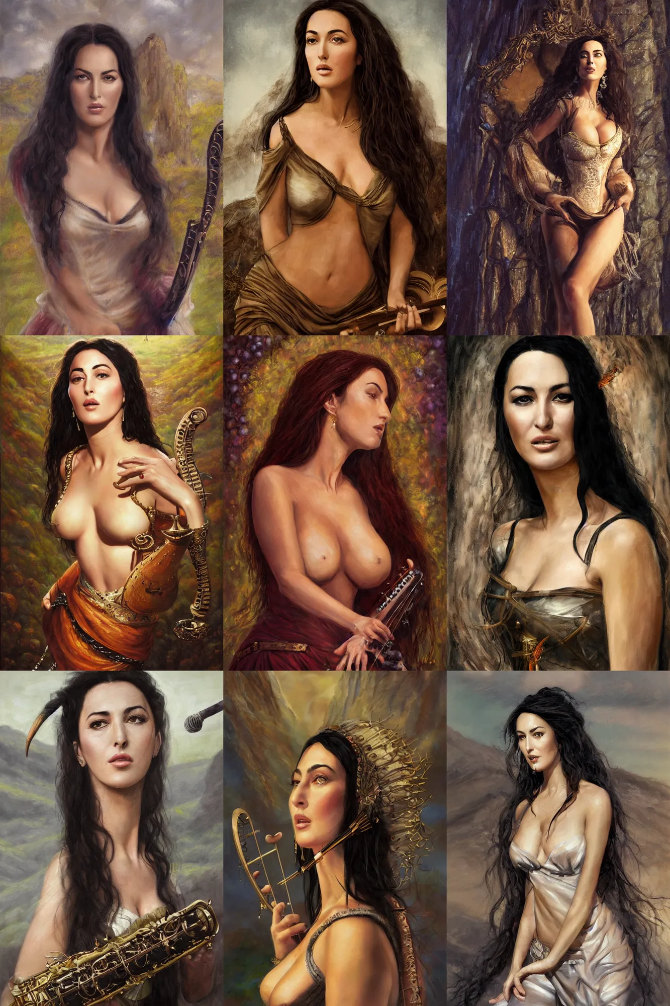 Image similar to a full body high detail fantasy portrait oil painting illustration of young monica bellucci as a beautiful sophisticated singing bard woman by justin sweet with face and body clearly visible, in a scenic background, pupils visible, realistic proportions, d & d, rpg, forgotten realms, artstation trending, high quality, sombre mood, artstation trending, muted colours, entire person visible!