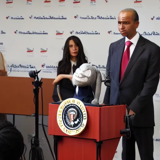 Image similar to president marionette with puppeteer in a podium giving a press conference