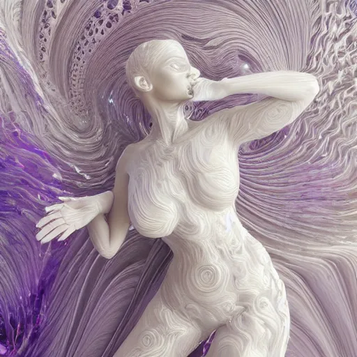 Image similar to 3 d pyro liquid simulation render, octane render, xparticles,, female bodies, intricate details, female body covered in white blanket, white carved abstract sculpture, amethyst mineral quartz, swirly curls, abstract white fluid, golden edges and fractals, wasili kandinski, artstation, render, cinema 4 d, art noveau fresco