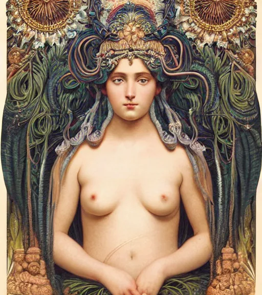 Image similar to portrait of a beatiful young goddess with intricate jellyfish headdress, dark background, intricate hyper detailed art by john william godward and ernst haeckel and james jean