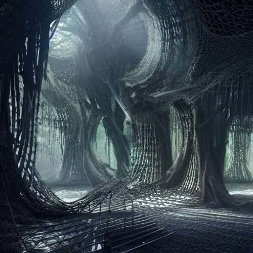 Image similar to biocomputer organs inside a bioneural antique lace in a biomechanical cave forest, epic environment, matte painting, diffused lighting, highly detailed cinematic, epic atmosphere, diffused lighting, highly detailed digital art, trending on artstation, depth of field, wide angle