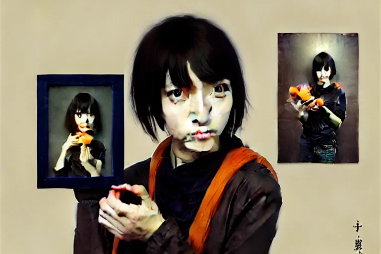 Prompt: tall emo girl artist holding small portraits and a persimmon, on shinkansen in tokyo. hyper detailed, digital art, artstation, cinematic lighting, studio quality, smooth render, by caravaggio, artgerm, greg rutkowski, craig mullins