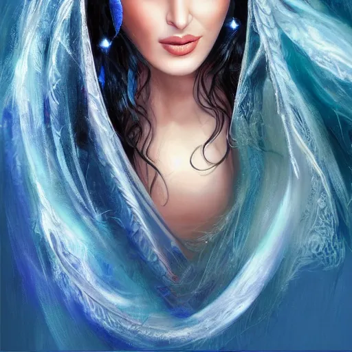 Image similar to Beautiful face Portrait of smiling young hindu Monica Bellucci, really big blue ocean color huge eyes, blue indygo thunder lightning, long wavy black hair, white veil, magic blue fire, focus face, dramatic lighting, intricate, India, wild, highly detailed, digital painting, artstation, concept art, smooth, sharp focus, illustration, art by artgerm and greg rutkowski and alphonse mucha, footage from space camera