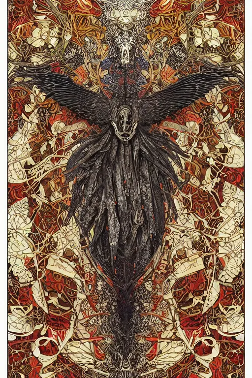 Image similar to intricate anatomical skeleton of a crow, crow skull, background consists of interwoven varities of superhot chili peppers, entanglement, -no human, bhut jolokia, carolina reaper, trinidad scorpion, voronoi, fibonacci sequence, leaves, by Moebius,Alphonse Mucha, peter mohrbacher, hiroshi yoshida, Art Nouveau, cgsociety, concept art, tweed colour scheme, psychedelic, complementary colour scheme, 3d