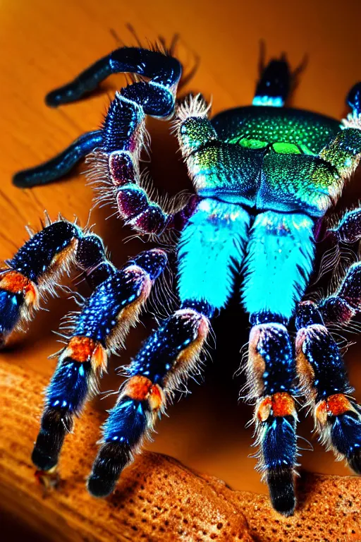 Image similar to high quality macro photo iridescent tarantula! jewelled supercute! highly detailed david ligare elson peter cinematic blue neon lighting high quality low angle hd 8k sharp shallow depth of field