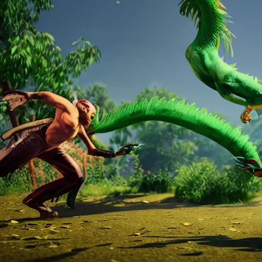 Image similar to screenshot of animal fighting game on ps 4, bird vs lizard, unreal engine,