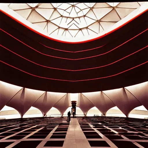 Image similar to interior of a futuristic lotus temple space station with gold, red and white marble panels, by santiago calatrava and zaha hadid and buckminster fuller and syd mead, intricate contemporary architecture, photo journalism, photography, cinematic, national geographic photoshoot