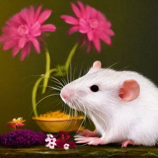 Prompt: photo realistic white rat holding a flower cinematic composition, hyper realism, cute