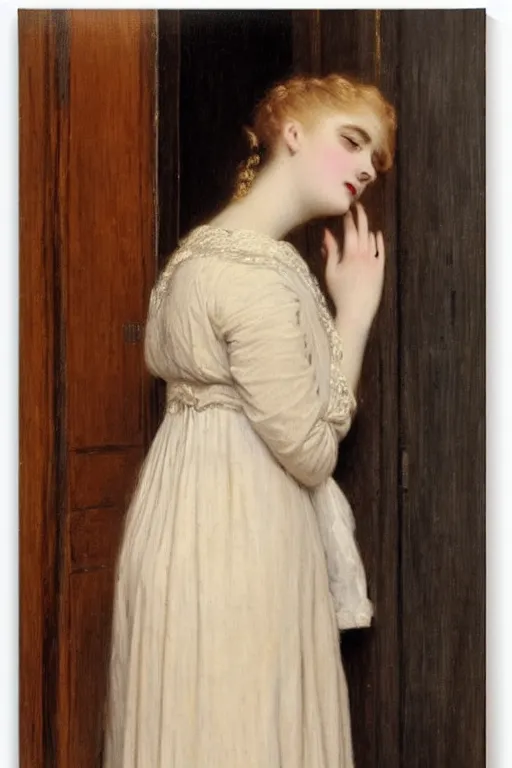 Prompt: lady in waiting by auguste toulmouche perfect detailed eyes, beautiful hands, pale skin, blonde hair, leaning on door, shift dress