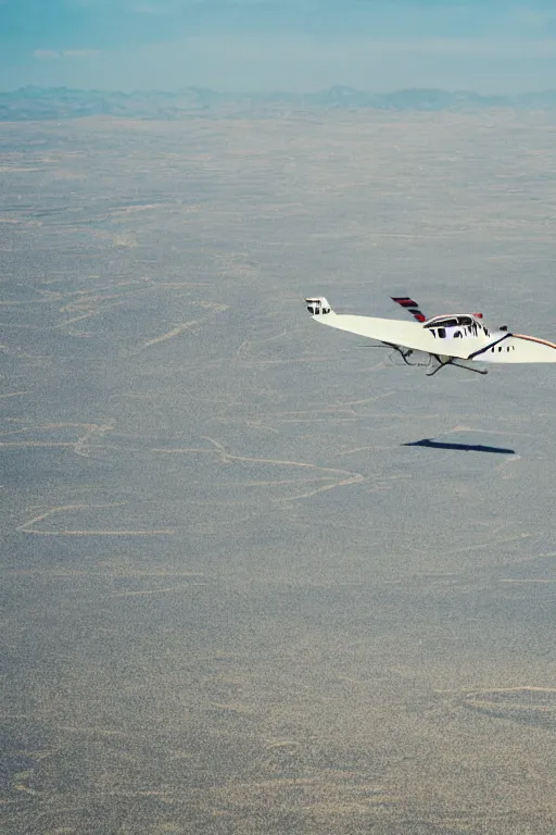 Prompt: Travel Ad, plane flying above a drying landscape