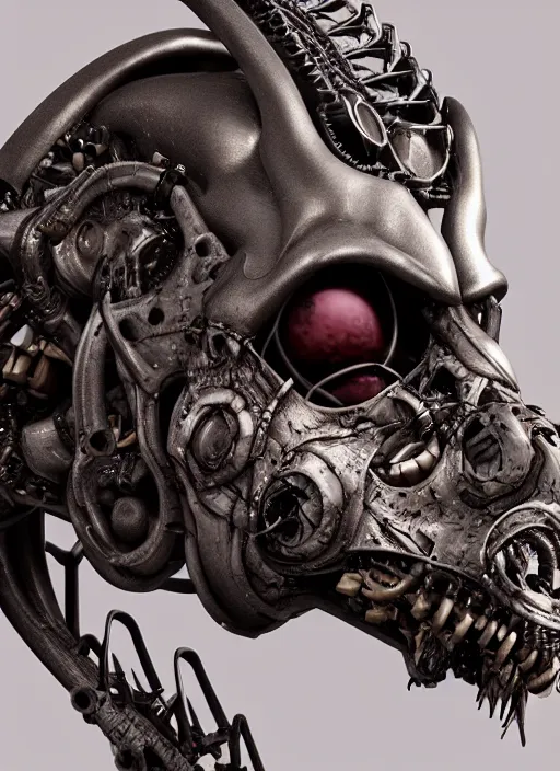 Image similar to a close up of a creepy looking biomechanical animal head face portrait, gigeresque cyberpunk art by ikuo hirayama, photorealism, octane render, behance hd, polycount