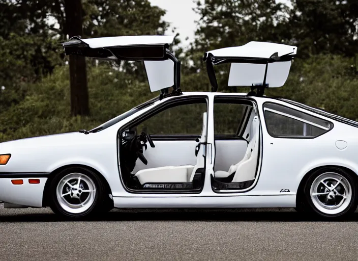 Image similar to photo still of a toyota corolla with open!!! gullwing doors!!! gullwing doors gullwing doors!!!, 8 k, 5 2 mm f 1 2