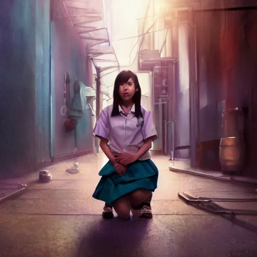 Image similar to perfect, realistic oil painting of japanese schoolgirl kneeling, in sci-fi dystopian alleyway, by an American professional senior artist, Hollywood concept, dynamic composition and motion, postproduction.