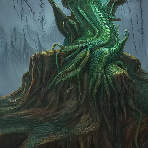 Prompt: lovecraftian 🌲🦎, concept art, extremely detailed, trending on artstation, creepy