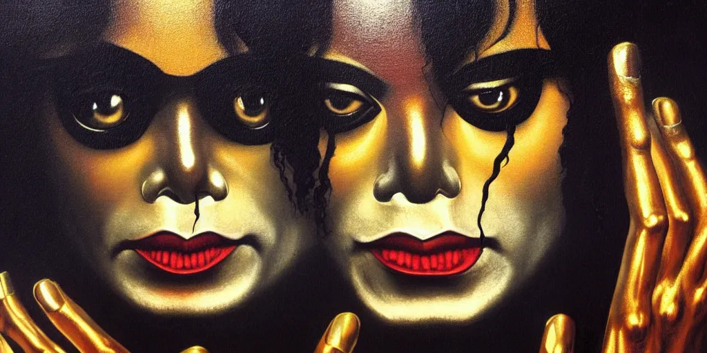 Prompt: michael jackson in drag in a nightclub, abstract oil painting by gottfried helnwein pablo amaringo raqib shaw zeiss lens sharp focus high contrast chiaroscuro gold complex intricate bejeweled