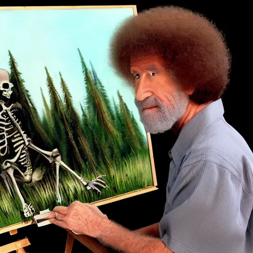 Image similar to bob ross painting a skeleton