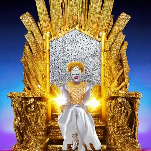 Prompt: shining majestic throne made of millions of diamonds, gold and zaphires with thousands of light reflections, and a clown is sitting on the throne