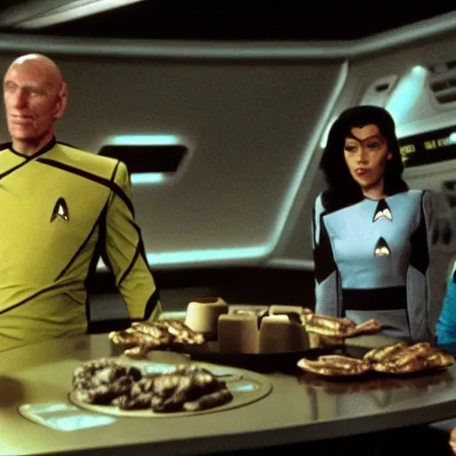Image similar to Star Trek Replicator making Food Monsters, Random food creations killing Star Fleet Crew, Still from Star Trek the next generation,