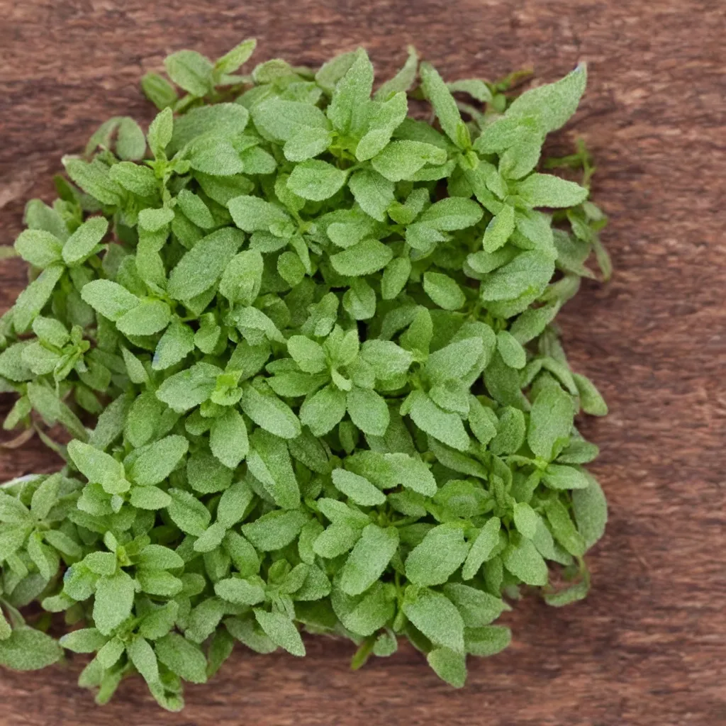 Prompt: close - up view of oregano on top of a wooden table, 8 k, high detail, photorealistic, proper shading