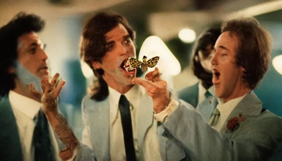 Image similar to 7 0 s movie still of a man with moths in the mouth, cinestill 8 0 0 t 3 5 mm eastmancolor, heavy grain, high quality, high detail